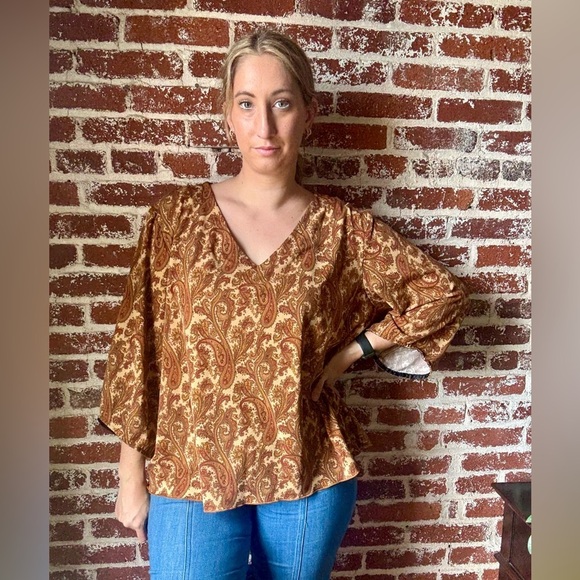 JohnPaulRichard Tops - 70s vibe JohnPaulRichard warm tone paisley blouse 
red/yellow/brown in color